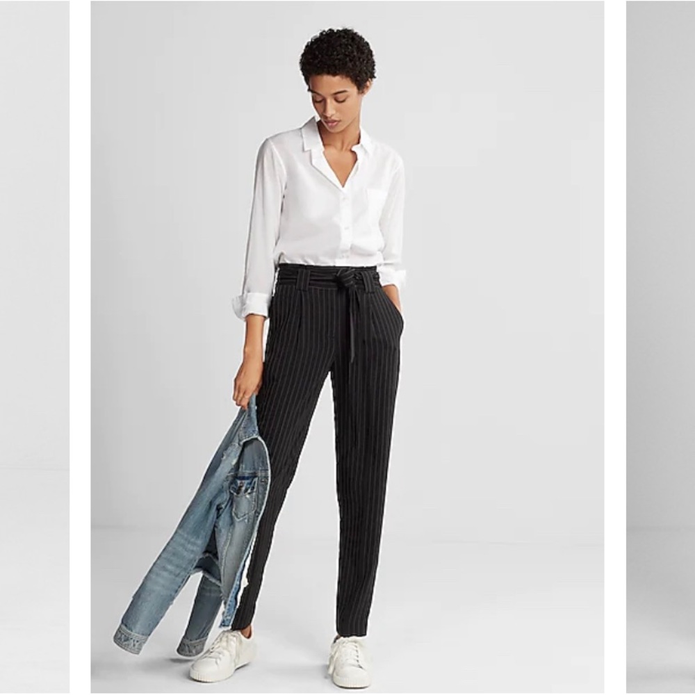 High Waisted Ticking Sash Waist Ankle Pant